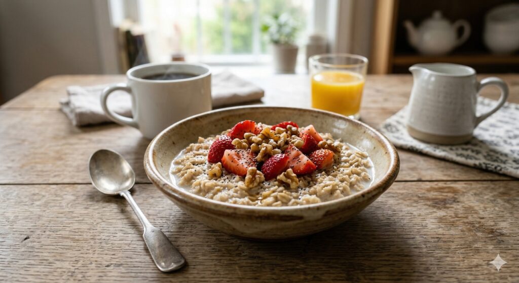 Aveia com morangos, chia e nozes em uma combinação associada à proteção do coração.