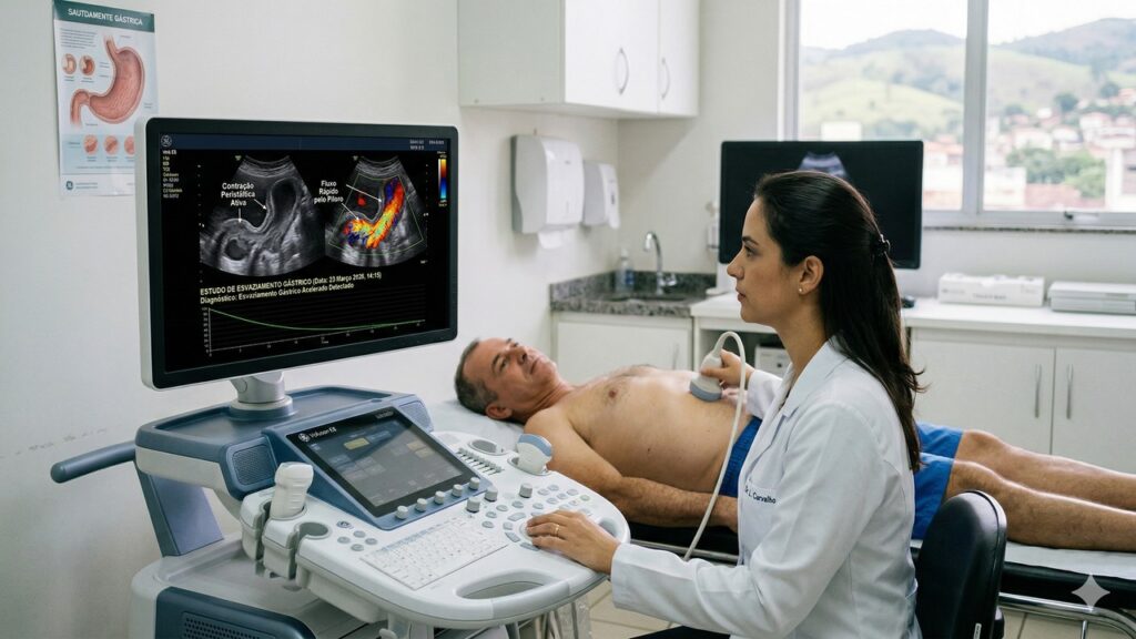 Médica realiza exame abdominal enquanto monitora imagens do estômago e fluxo digestivo na tela.