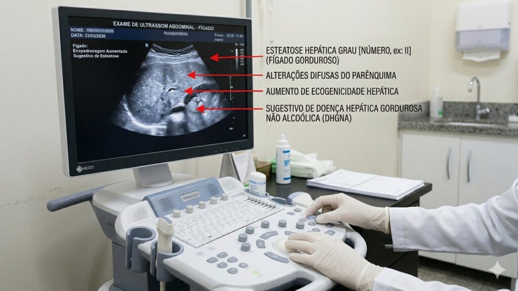 Monitor exibe exame de fígado com sinais de gordura hepática e alterações difusas no parênquima.