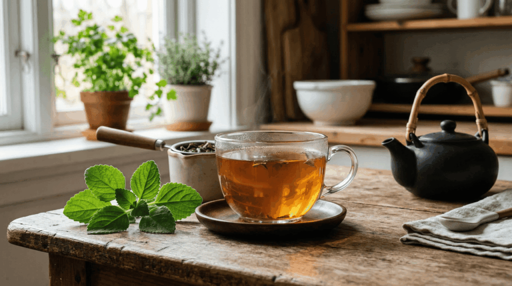 O chá de boldo auxilia na saúde do fígado e melhora a absorção de nutrientes