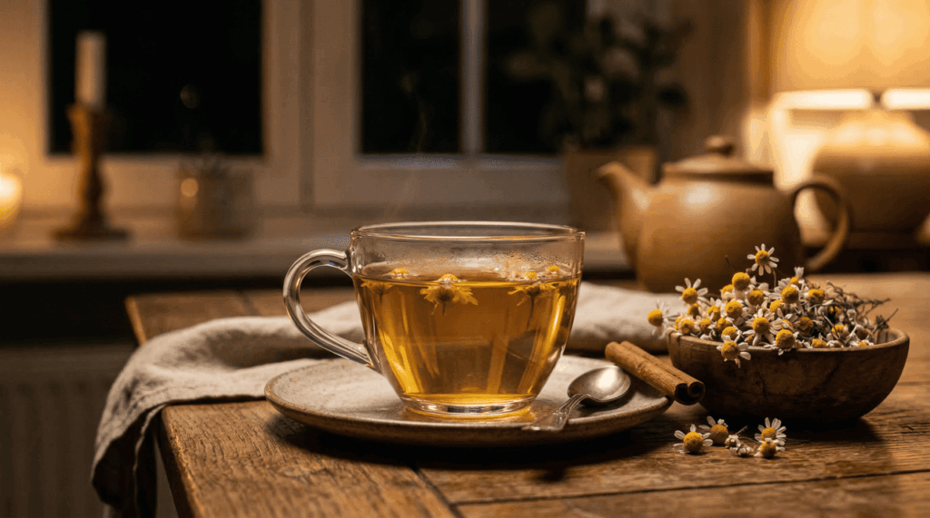 O chá de camomila auxilia na qualidade do sono e equilibra o açúcar no sangue