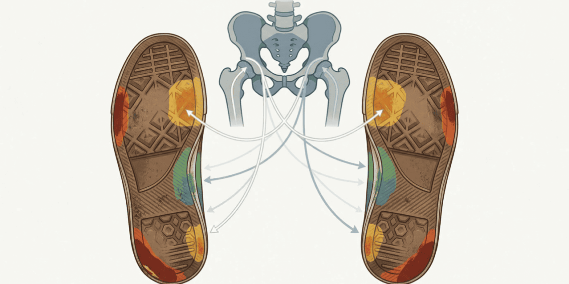 A sua articulação do quadril está saudável? Você pode descobrir observando as solas dos seus sapatos