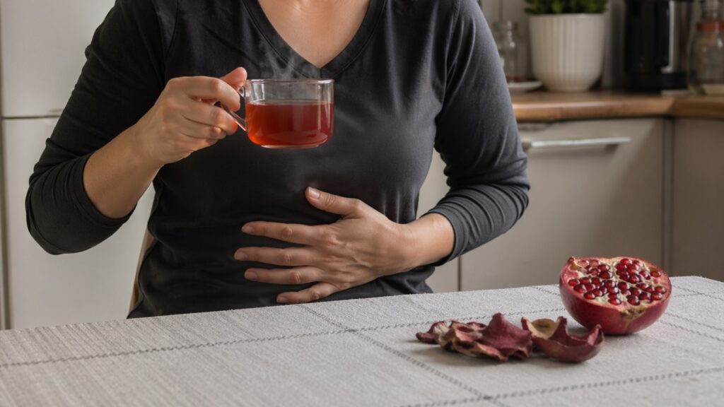 Pessoa com postura de alívio segura chá de romã em uma cena doméstica simples.
