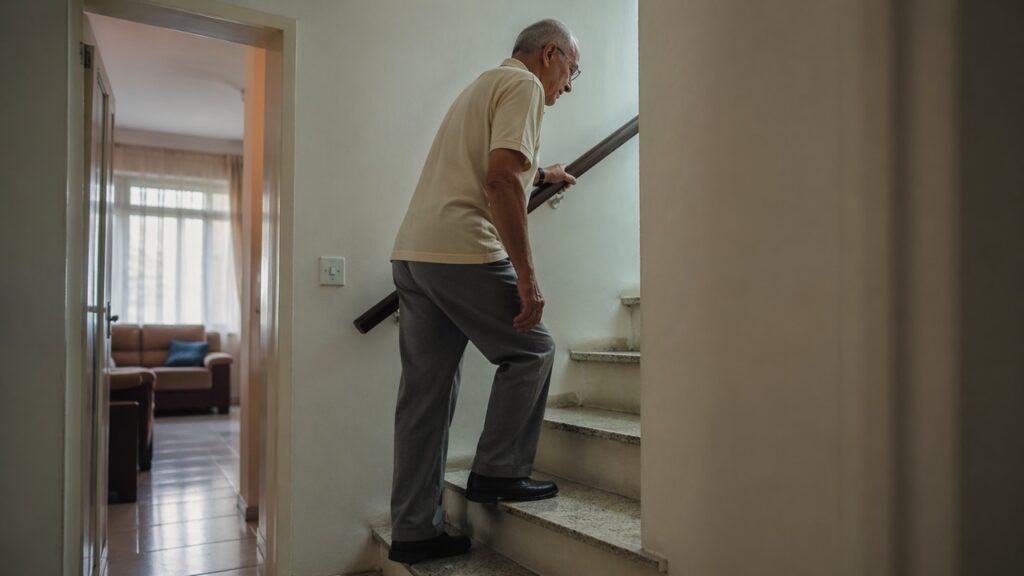 Idoso sobe escadas com esforço, ilustrando fraqueza nas pernas no envelhecimento.
