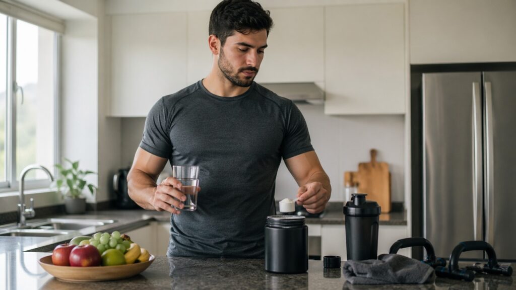 Pessoa se prepara para usar creatina com foco em energia celular e rotina saudável.