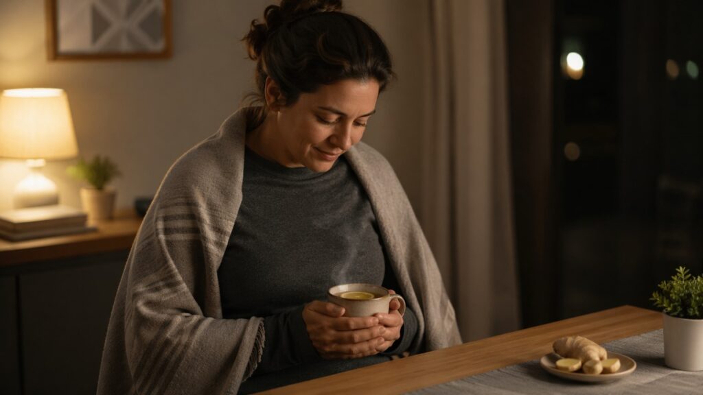 Pessoa segura chá morno de gengibre à noite em uma cena de alívio da azia.