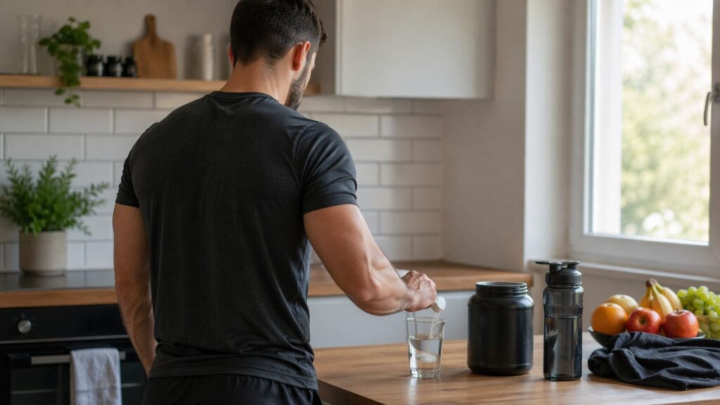 Pessoa se prepara para usar creatina em uma rotina saudável com foco em energia e treino.