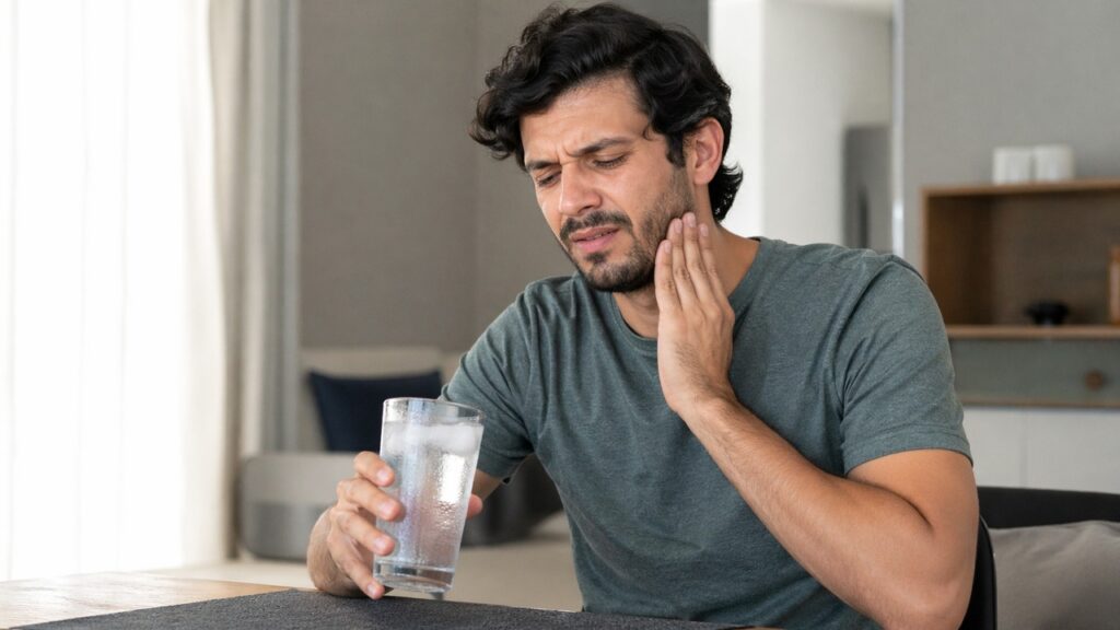 Pessoa reage à sensibilidade nos dentes em uma cena que sugere incômodo recorrente.