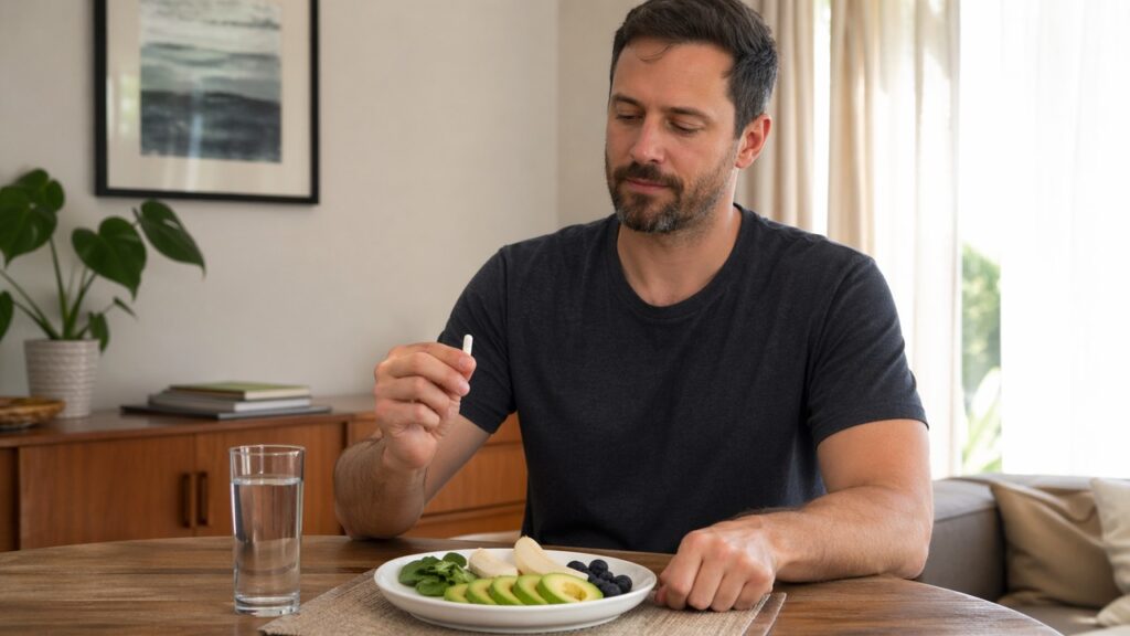 Pessoa se prepara para tomar probiótico junto da refeição em uma rotina simples.