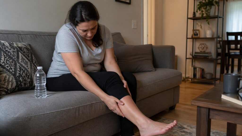 Pessoa observa inchaço no tornozelo em uma cena que representa retenção de líquidos constante.