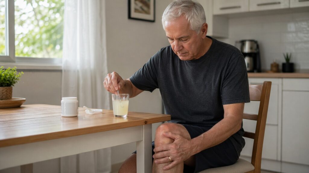 Pessoa prepara colágeno em pó em uma rotina de apoio às articulações.