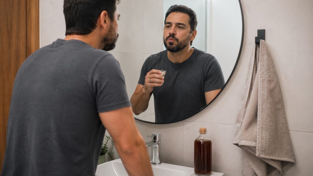 Pessoa faz bochecho com enxaguante natural de cravo em uma rotina de cuidado bucal.