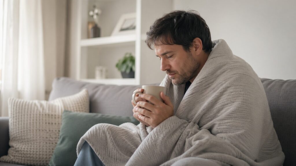 Pessoa cansada em casa reforça a ligação entre imunidade baixa e desconforto intestinal.