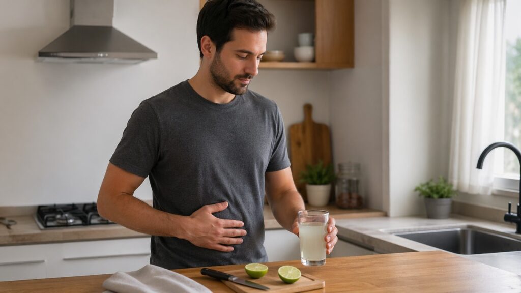 Pessoa prepara água com limão diluída em uma rotina de cuidado com o intestino e a azia.