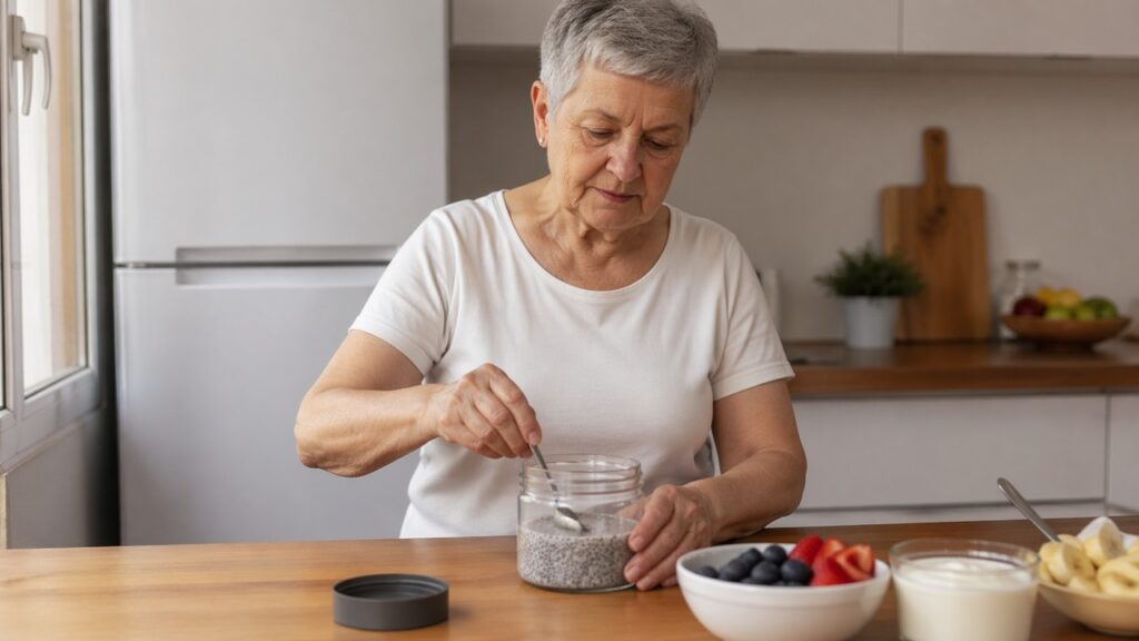 Idoso prepara chia hidratada em uma rotina alimentar de apoio ao metabolismo e ao fígado.