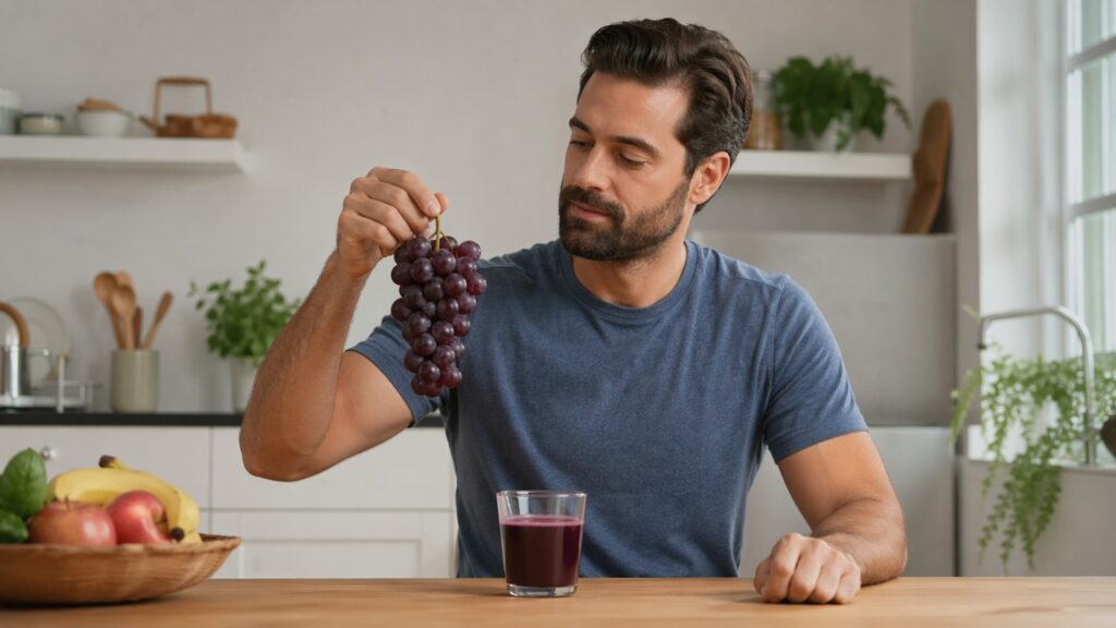 Pessoa escolhe fontes naturais de polifenóis e resveratrol em uma rotina alimentar equilibrada.