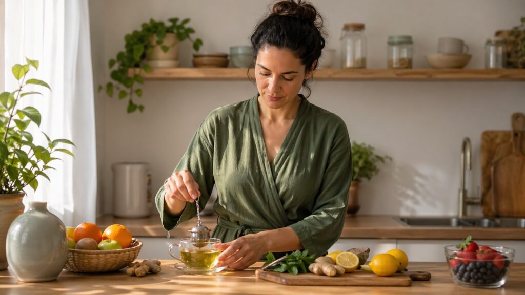 Pessoa prepara chá verde em uma rotina de apoio ao cuidado com o fígado gordo.