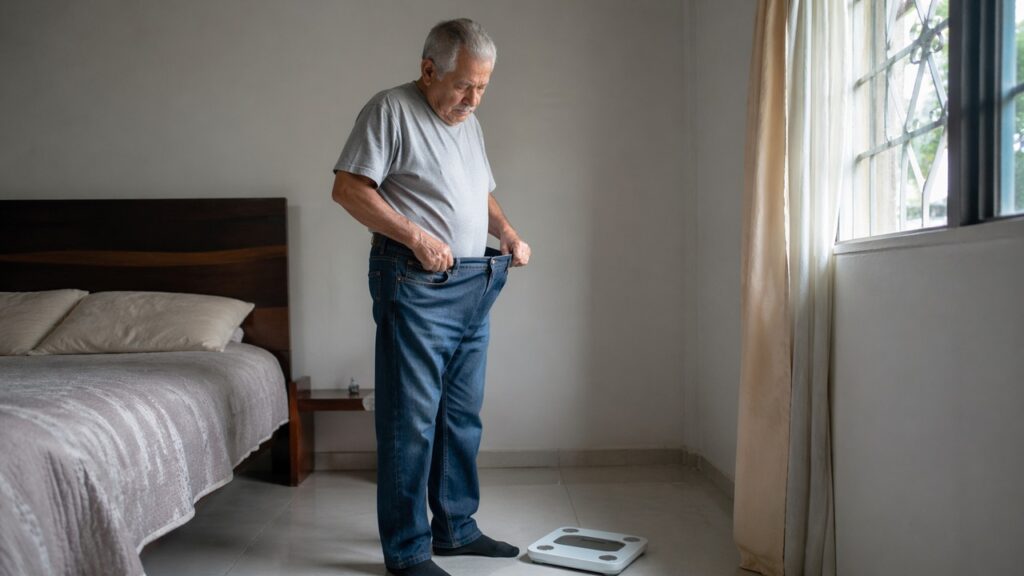 Idoso percebe a perda de peso involuntária em uma cena de alerta para má nutrição.