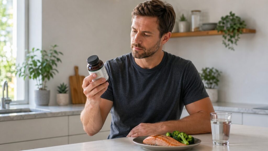 Pessoa confere o rótulo do ômega-3 em uma rotina de cuidado com o fígado.