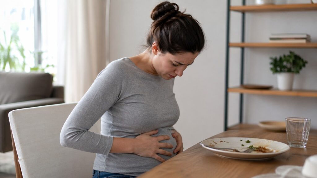 SIBO pode causar barriga inchada, gases e desconforto após as refeições.