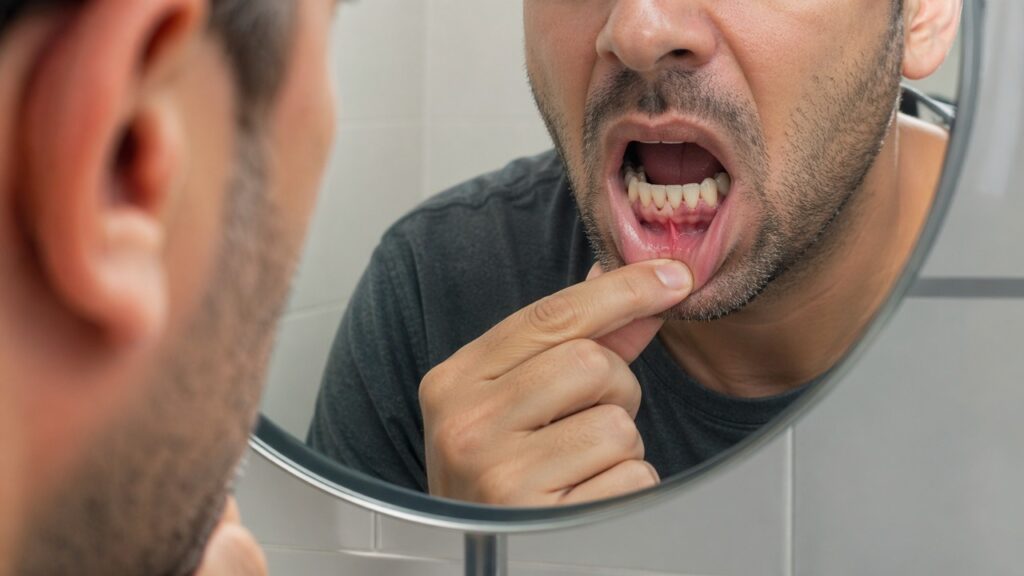 A retração gengival severa expõe a raiz do dente e pode vir com sensibilidade e inflamação.