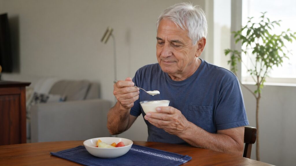 Iogurte natural sem açúcar reúne proteína e cálcio em uma opção prática para a velhice.