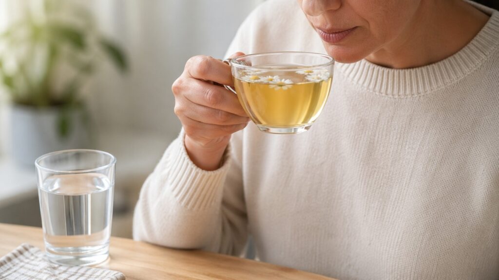 Bebidas suaves e sem açúcar costumam ser mais úteis do que chás muito adstringentes na boca seca.