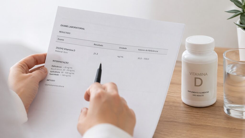 Mãos analisando exame de vitamina D antes de usar suplemento.