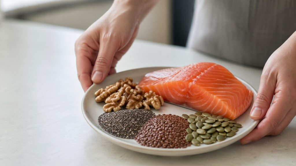 Mãos preparando prato com alimentos fontes de ômega-3.