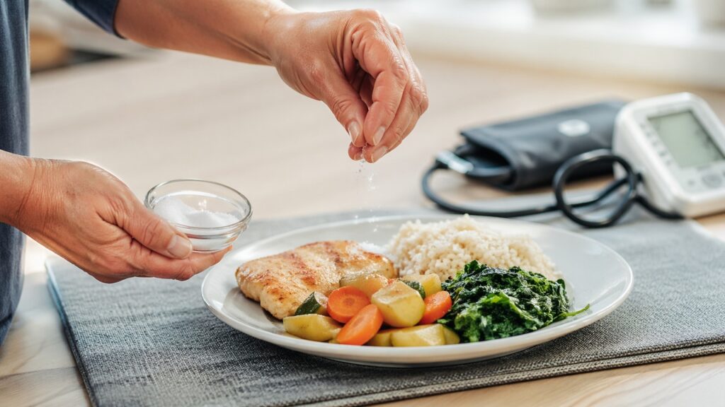 Mãos temperando uma refeição caseira com pouco sal e controle da pressão ao fundo.