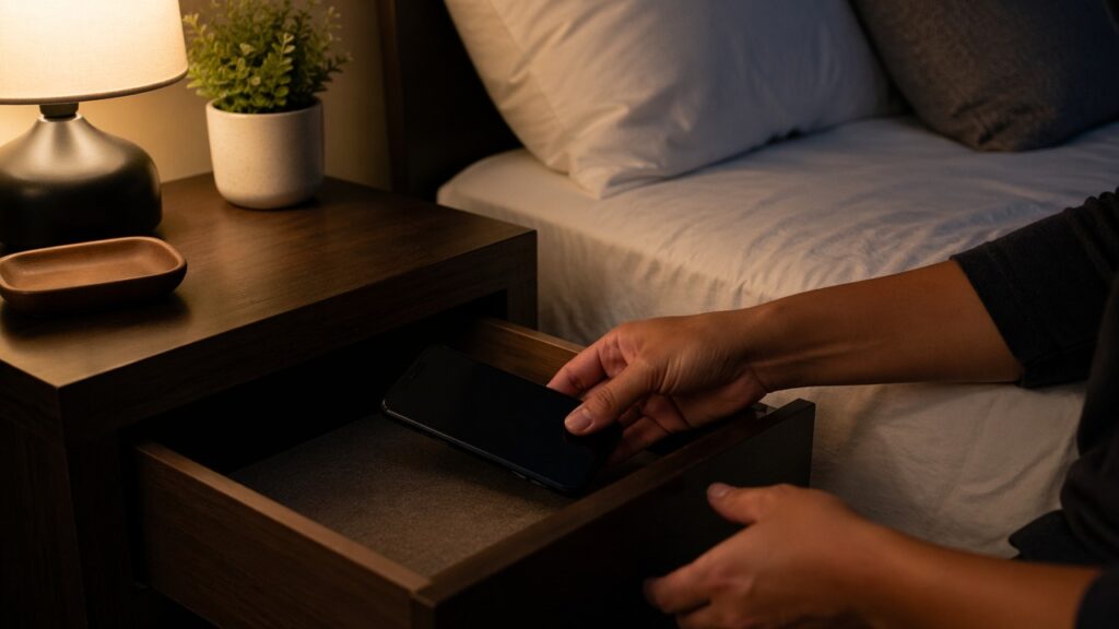 Pessoa guardando o celular antes de dormir para manter uma rotina de sono mais regular.