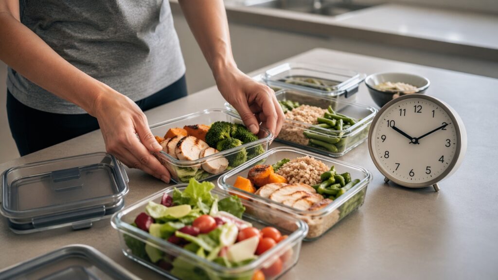 Mãos organizando refeições saudáveis dentro de uma rotina alimentar com horário definido.
