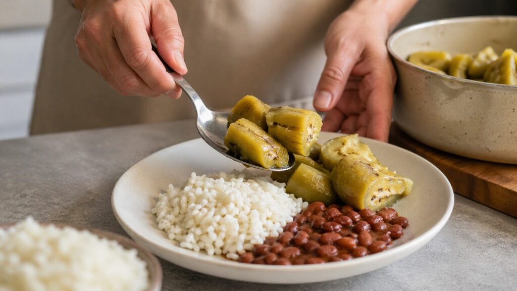 Mãos servindo alimentos ricos em amido resistente no prato.
