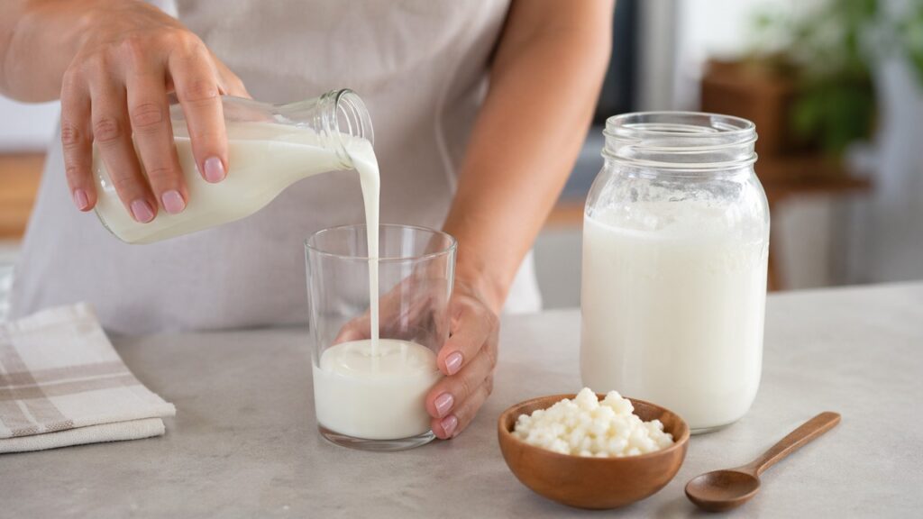 Mãos servindo kefir em uma rotina de consumo de alimentos fermentados.