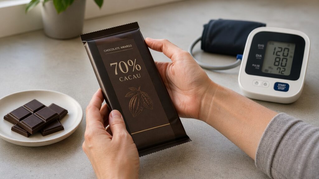 Mãos escolhendo chocolate amargo 70% cacau ao lado de um medidor de pressão.