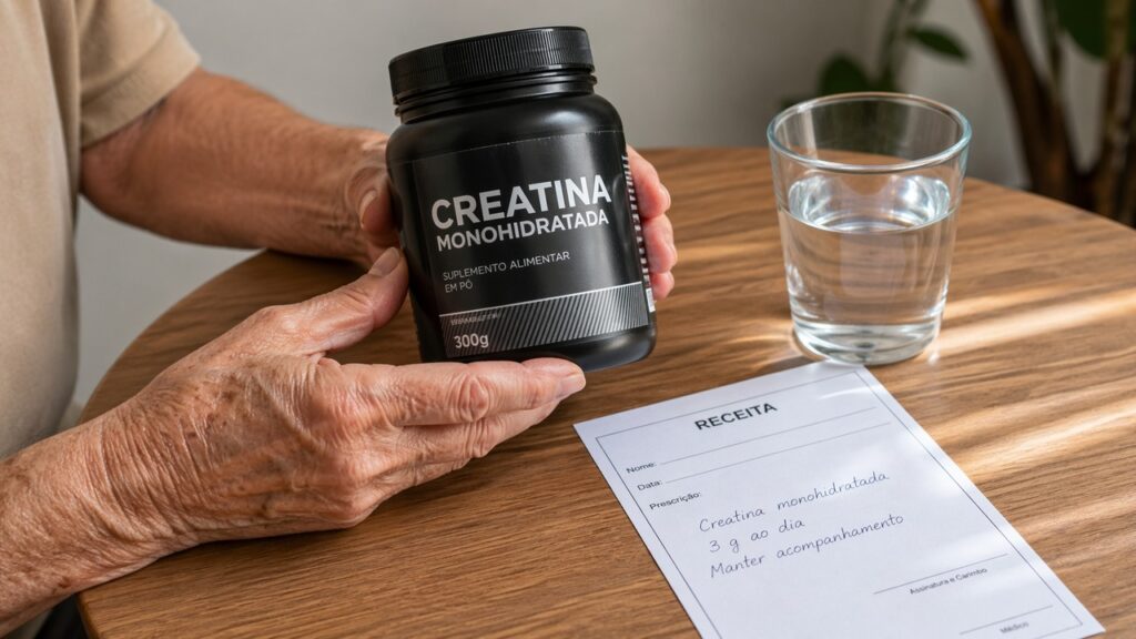 Mãos idosas segurando creatina ao lado de orientação médica.