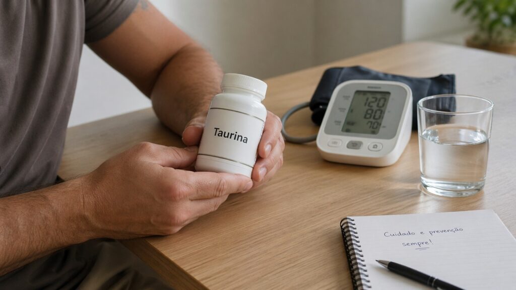 Mãos segurando taurina ao lado de um medidor de pressão e copo de água.