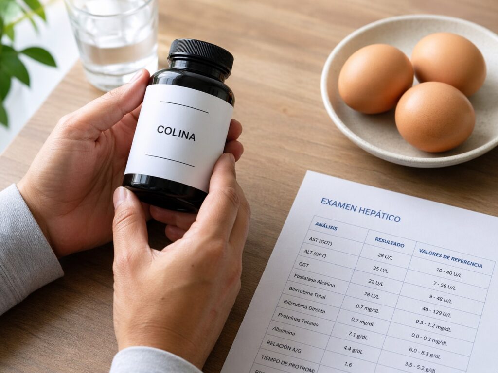 Mãos segurando colina ao lado de ovos e de um exame hepático.