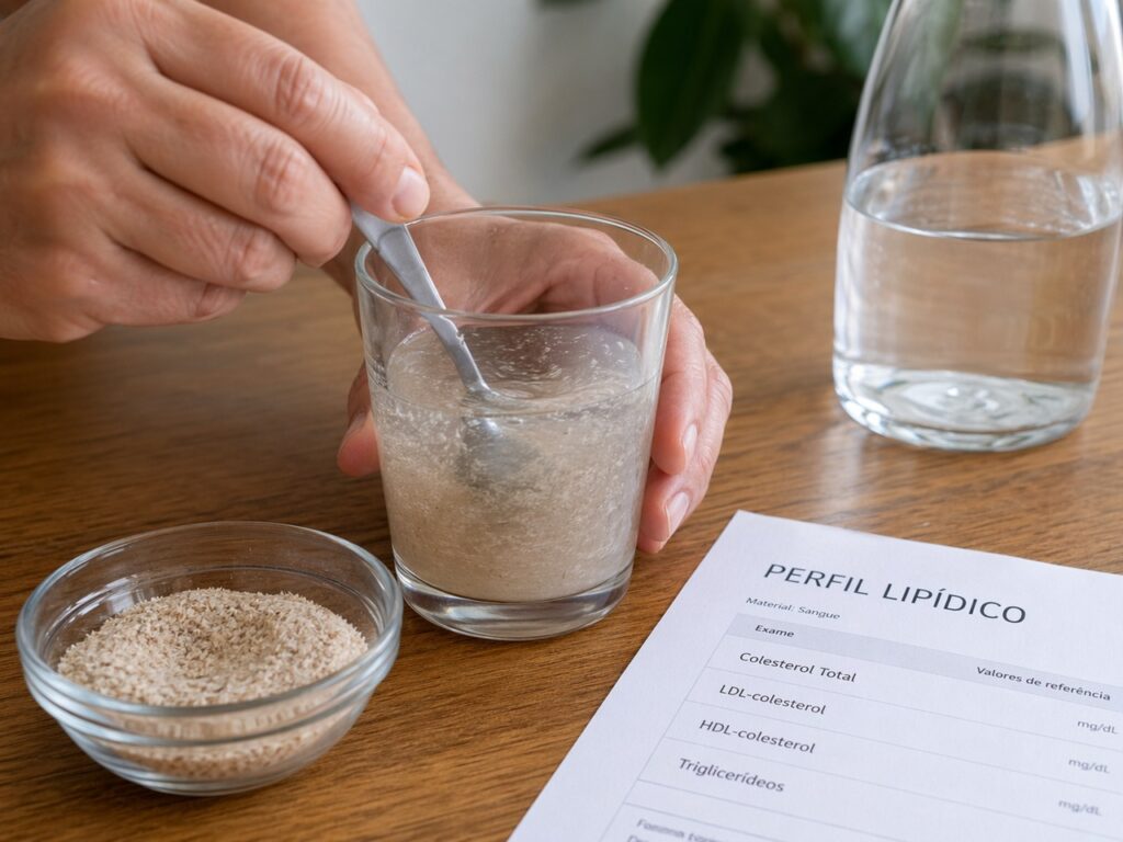Mãos misturando psyllium em água ao lado de um exame de colesterol.