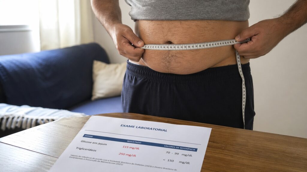 Pessoa medindo a cintura ao lado de exames de glicose e triglicerídeos.