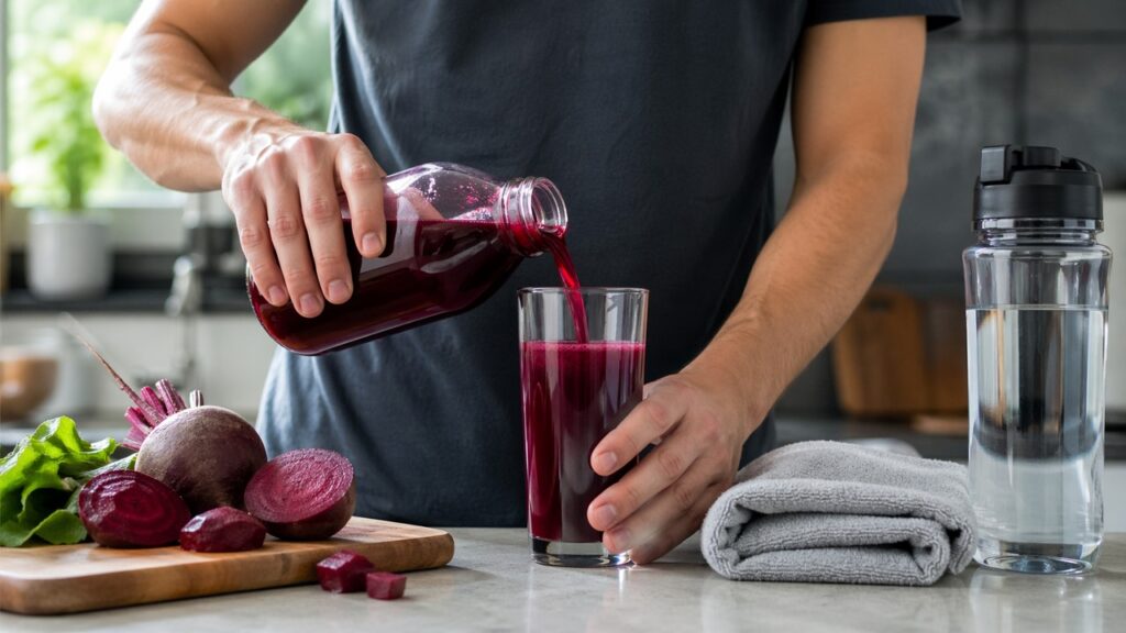 Mãos preparando suco de beterraba natural em uma rotina de pré-treino.