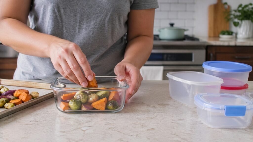 Pessoa trocando recipientes plásticos por pote de vidro para reduzir a exposição a microplásticos.