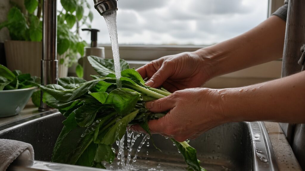 Mãos lavando verduras em uma rotina de cuidado com a microbiota intestinal.