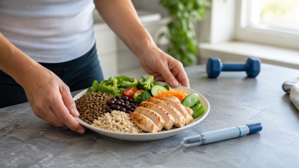 Pessoa preparando refeição com proteínas e fibras durante cuidado com GLP-1 e massa muscular.
