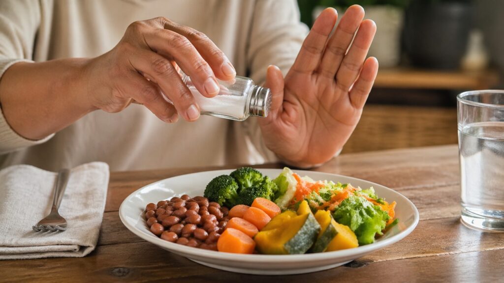 Mãos afastando o saleiro de um prato com legumes e feijão.