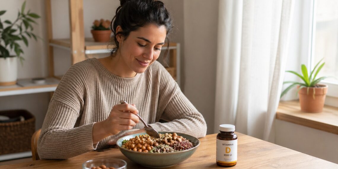 Alimentos ricos em magnésio ao lado de vitamina D em uma rotina de cuidado nutricional.