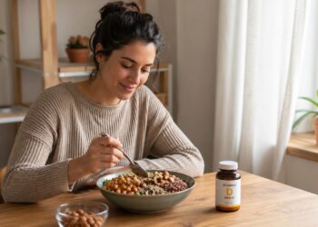 Alimentos ricos em magnésio ao lado de vitamina D em uma rotina de cuidado nutricional.