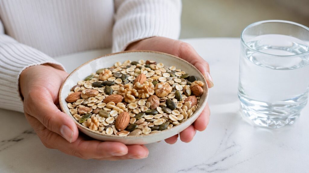Prato com fontes de magnésio para apoiar o equilíbrio nutricional diário.