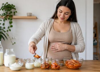 Fermentados como kefir, iogurte e kimchi em uma rotina de cuidado intestinal.