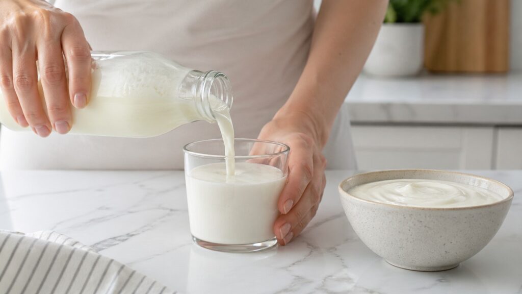 Kefir sendo servido como alimento fermentado para apoiar a microbiota intestinal.